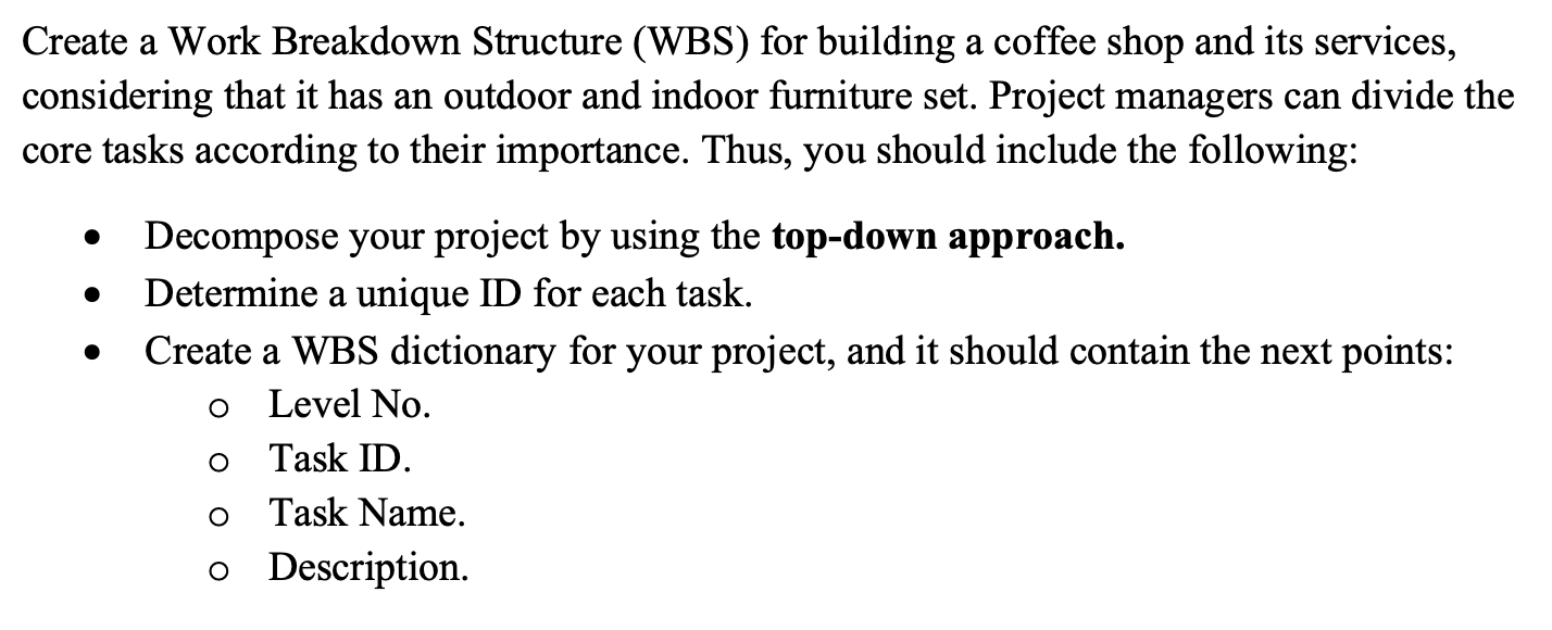 Create a Work Breakdown Structure (WBS) for
