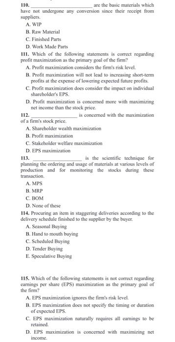 all question please. 110. are the basic materials
