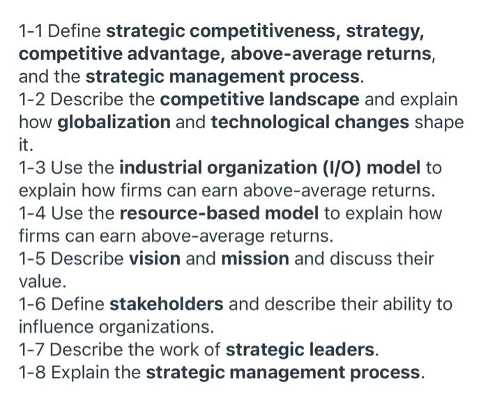 1-1 Define strategic competitiveness, strategy,