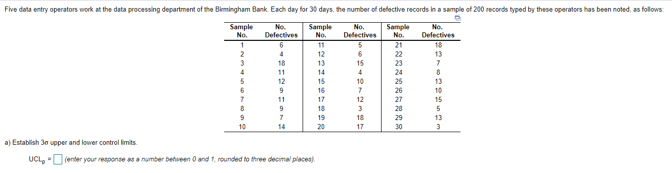 PLEASE PROVIDE BOTH UCL AND LCL Five data entry