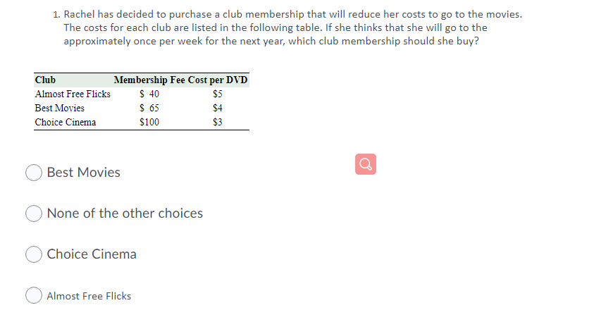 1. Rachel has decided to purchase a club