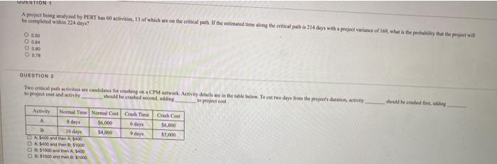 question 1 & 2 UTIONS A project ng ayod by PERT