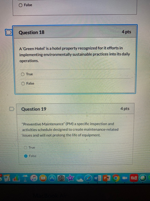 1819 answer O False Question 18 4 pts A Green