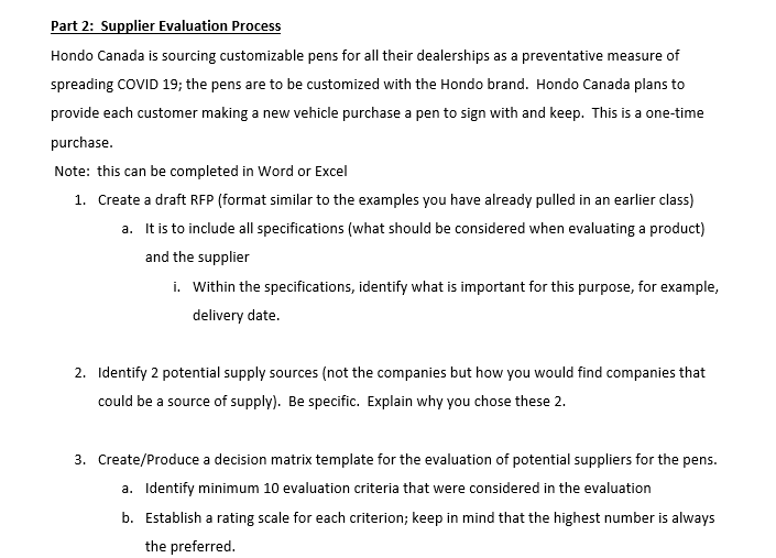 Part 2: Supplier Evaluation Process Hondo Canada