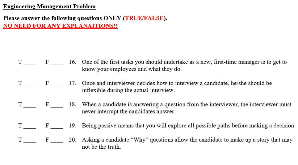 Engineering Management Problem Please answer the