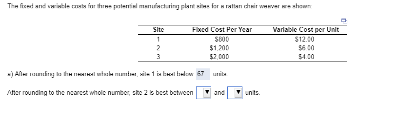 The fixed and variable costs for three potential