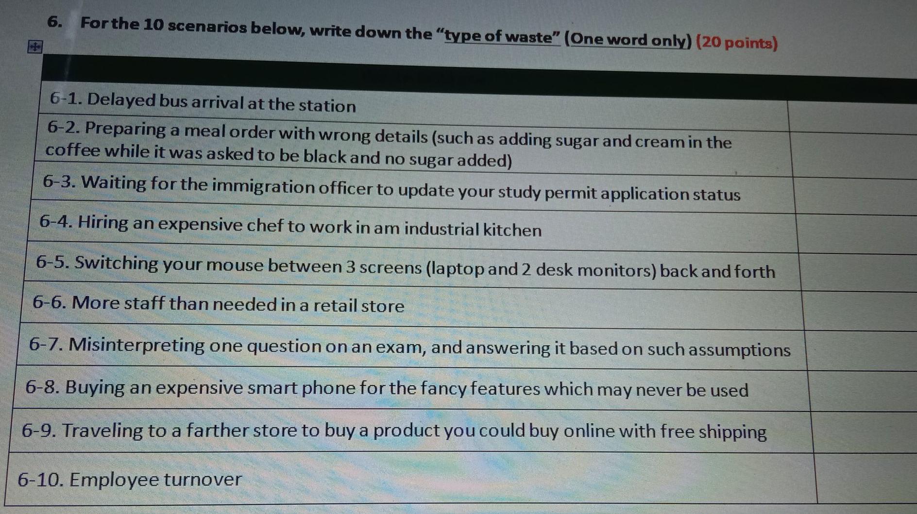 6. For the 10 scenarios below, write down the
