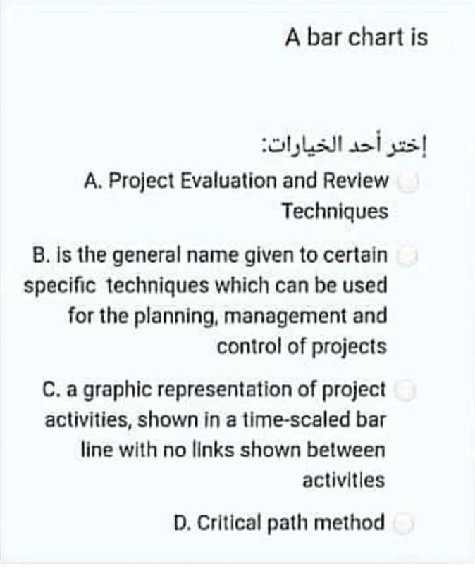 A bar chart is : A. Project Evaluation and Review