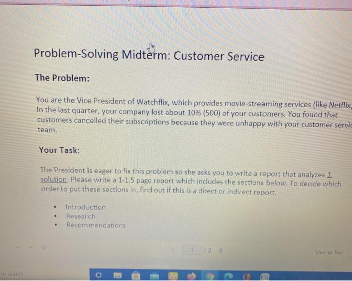 Problem Solving Midterm: Customer Service The