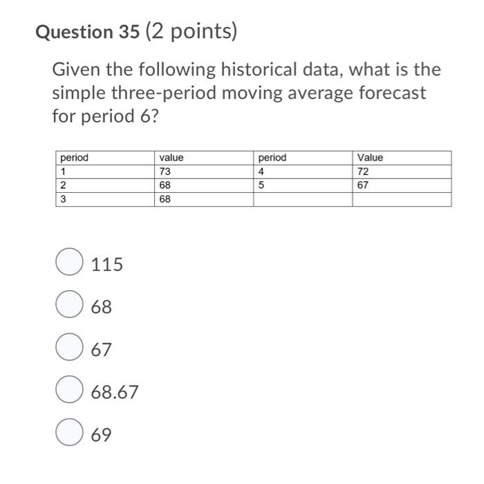 Question 35 (2 points) Given the following