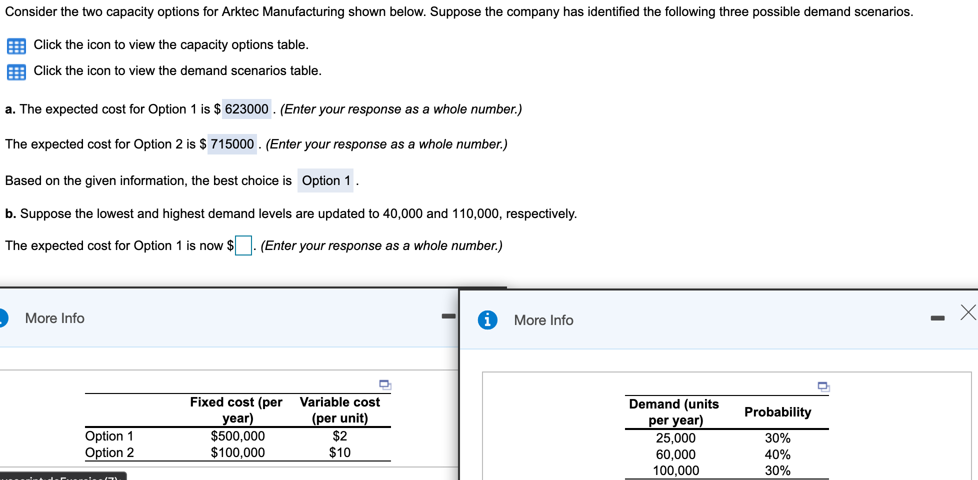 I need the expected cost for Option 1 and Option