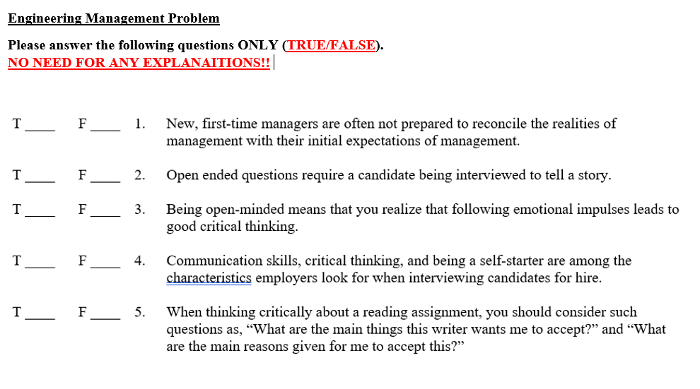 Engineering Management Problem Please answer the