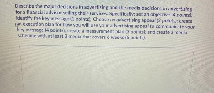 Describe the major decisions in advertising and