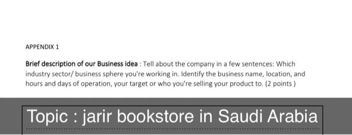 APPENDIX 1 Brief description of our Business idea