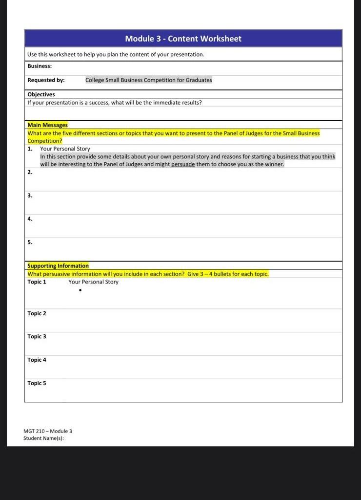 Module 3 - Content Worksheet Use this worksheet