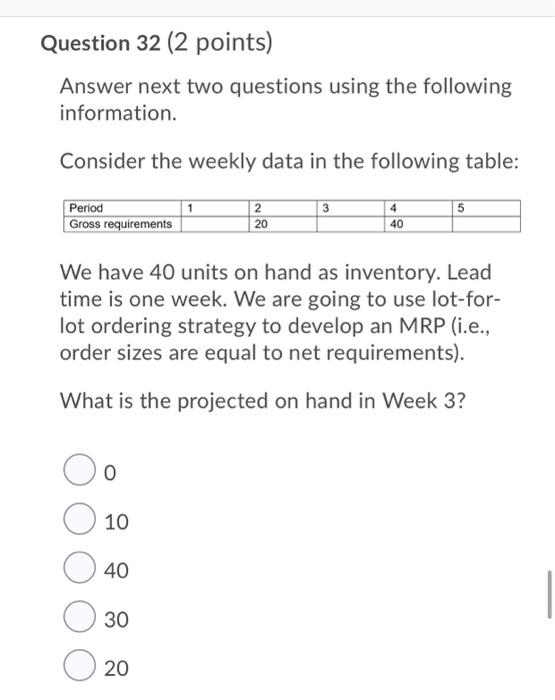 Question 32 (2 points) Answer next two questions