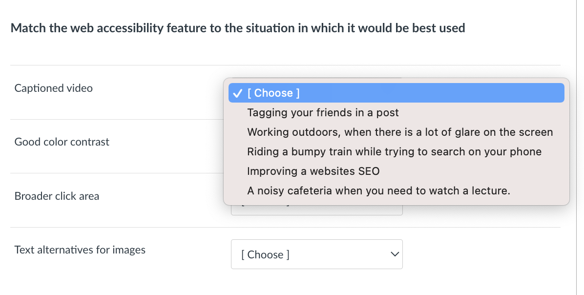 Match the web accessibility feature to the