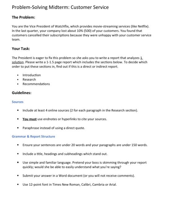 hi Problem Solving Midterm: Customer Service The