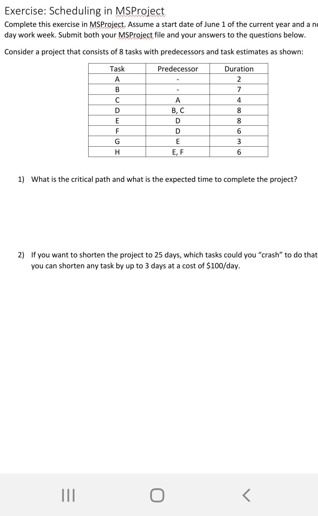 Exercise: Scheduling in MSProject Complete this