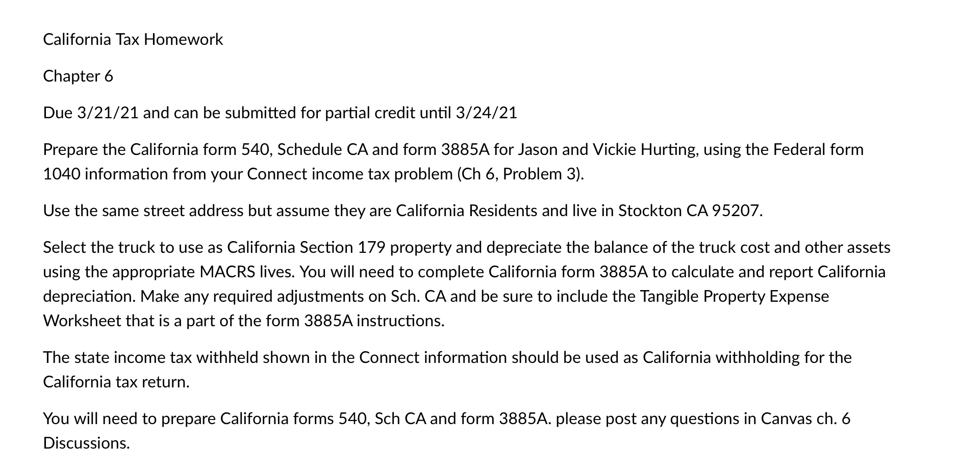 California Tax Homework Chapter 6 Due 3/21/21 and