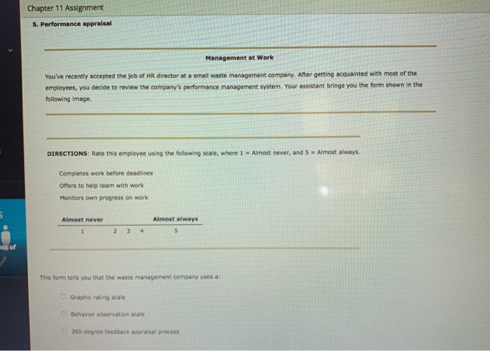 Chapter 11 Assignment 5. Performance appraisal