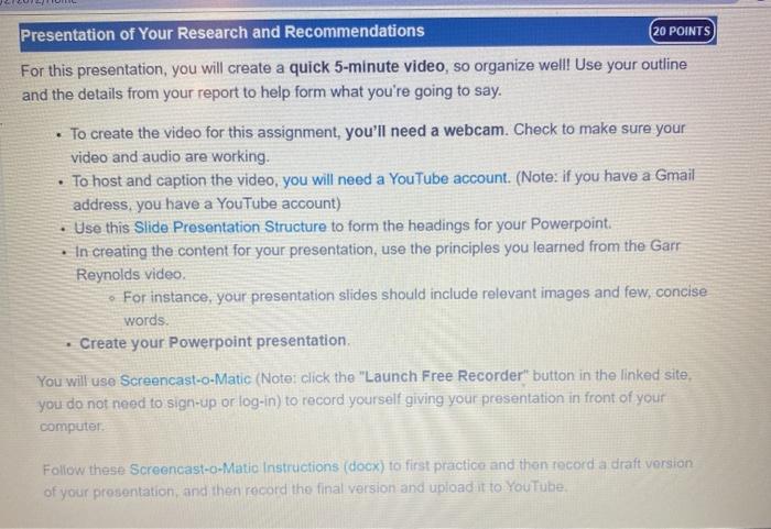 Presentation of Your Research and Recommendations