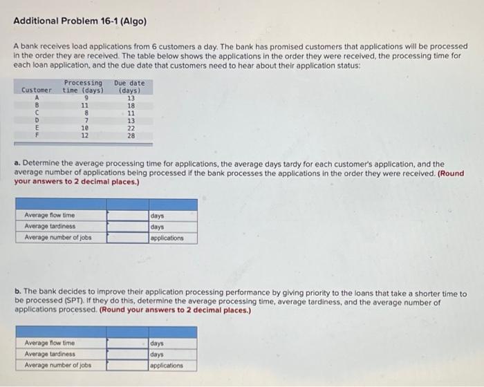 Additional Problem 16-1 (Algo) A bank receives