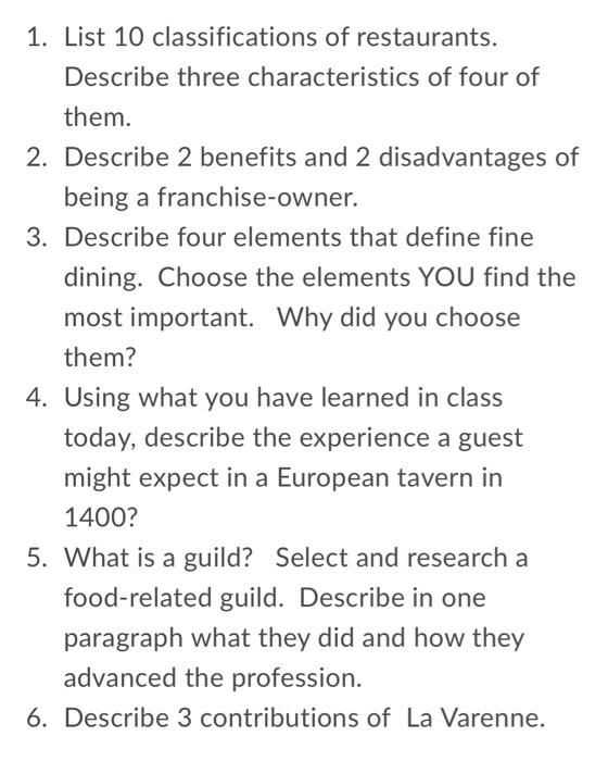 1. List 10 classifications of restaurants.