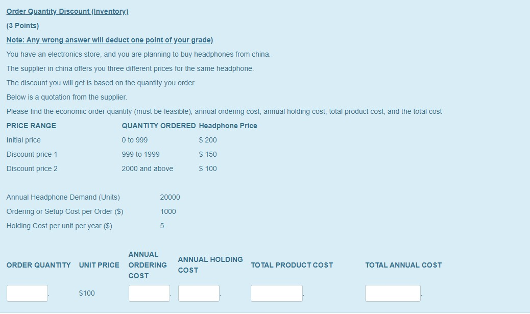 Order Quantity Discount (Inventory) (3 Points)