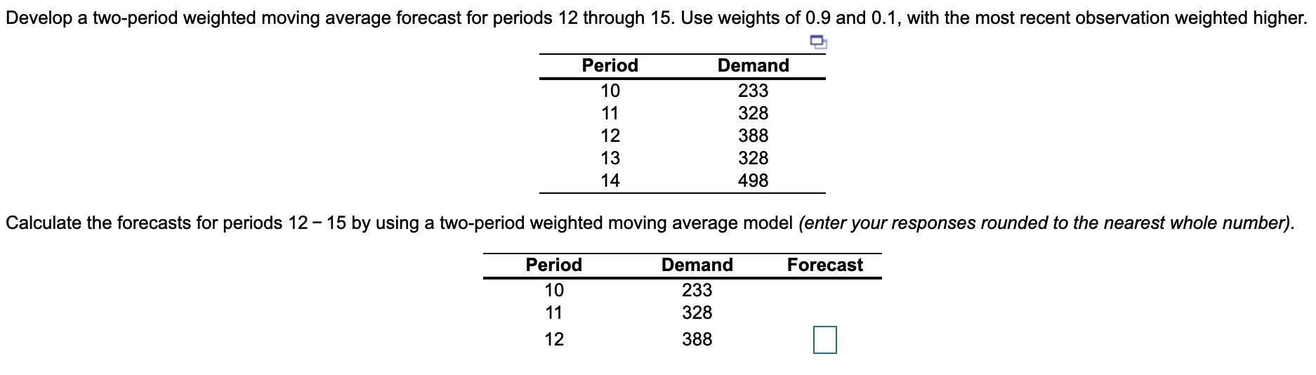 Develop a two-period weighted moving average