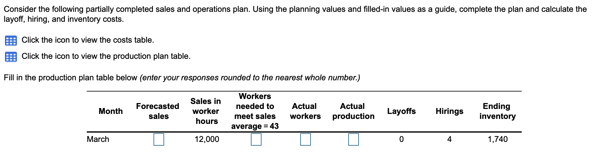 Consider the following partially completed sales