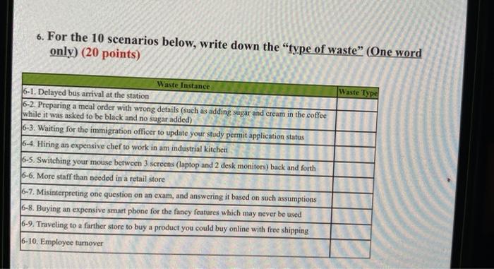 6. For the 10 scenarios below, write down the