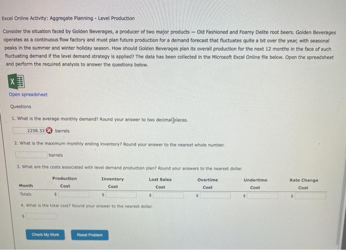 Excel Online Activity: Aggregate Planning - Level