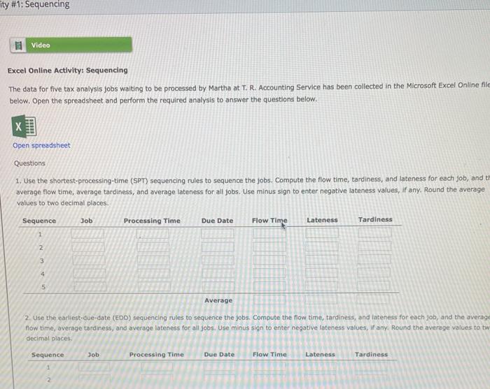 ity #1: Sequencing Video Excel Online Activity: