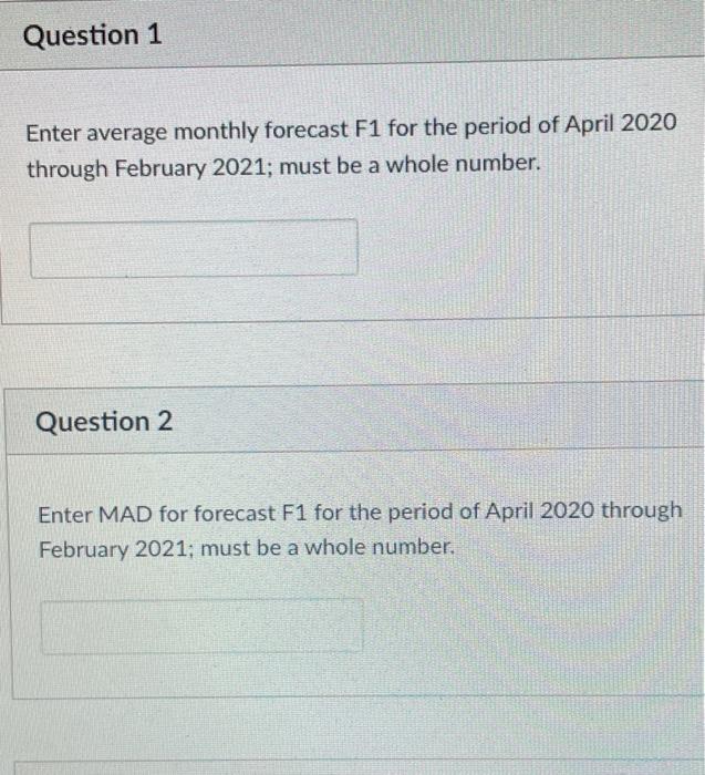 . Question 1 Enter average monthly forecast F1