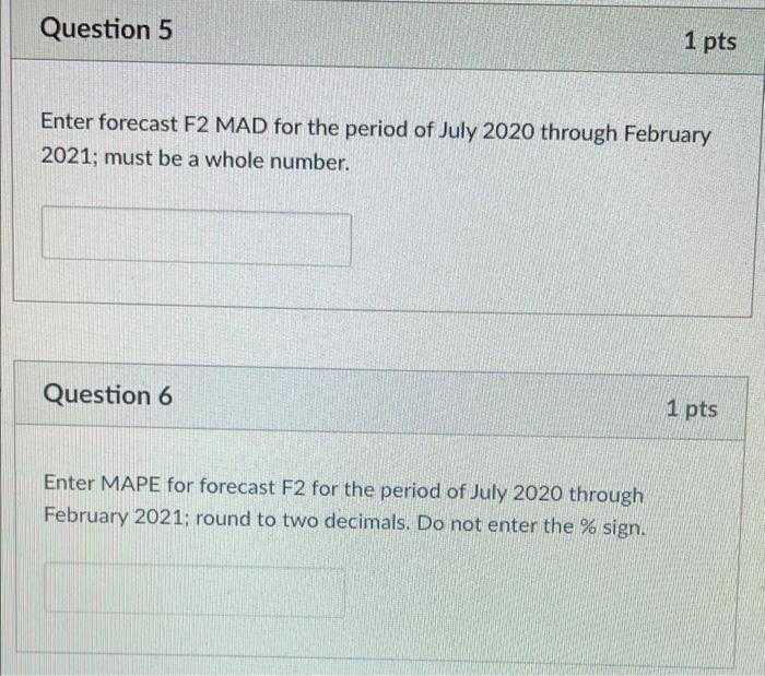 Question 5 1 pts Enter forecast F2 MAD for the