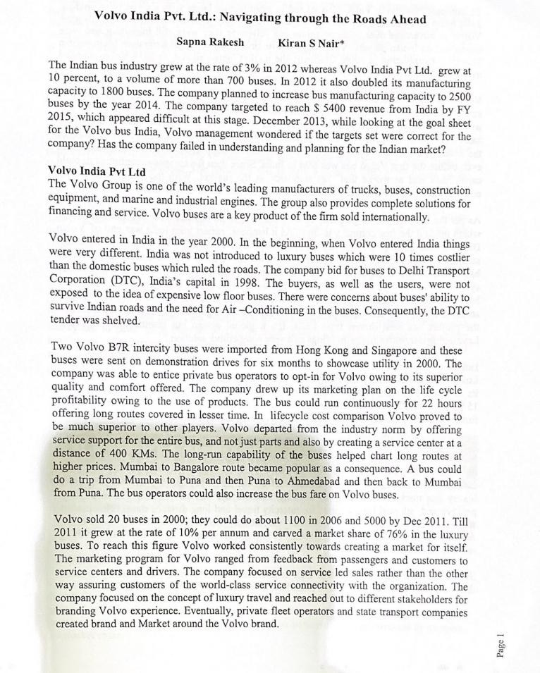 . Required Question . Volvo India Pvt. Ltd.:
