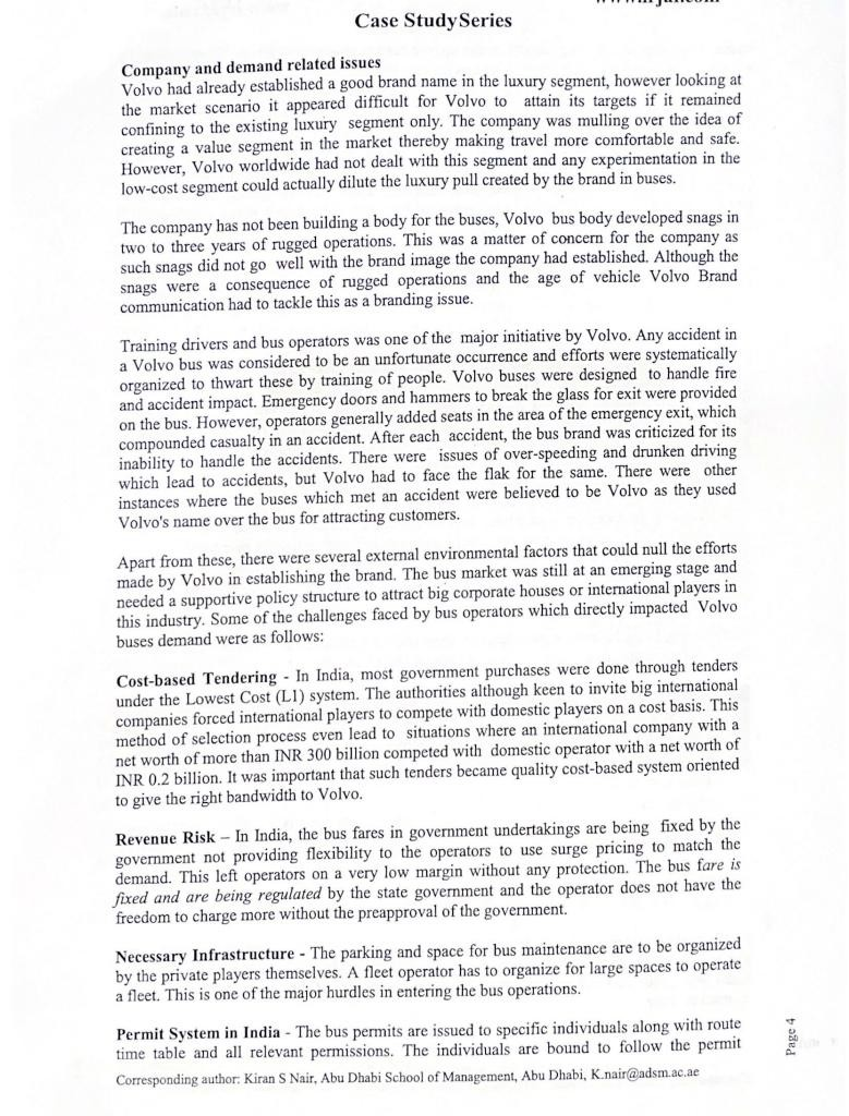 . Required Question . Volvo India Pvt. Ltd.: