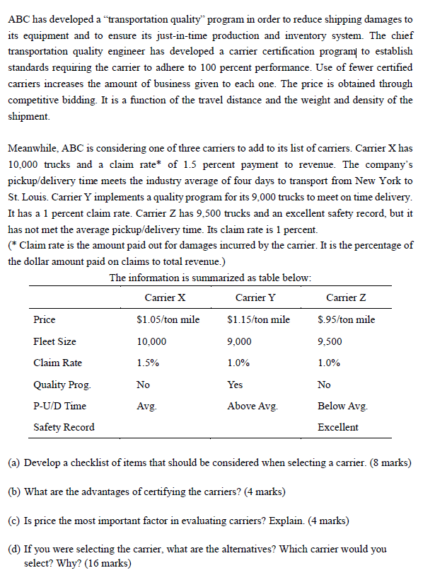 ABC has developed a transportation quality