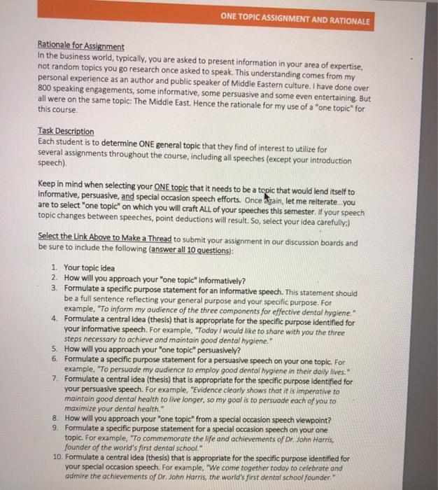 ONE TOPIC ASSIGNMENT AND RATIONALE Rationale for
