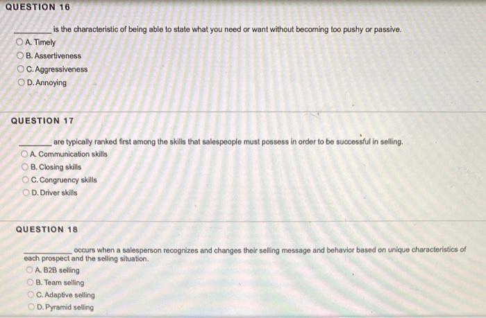 sales management QUESTION 16 is the