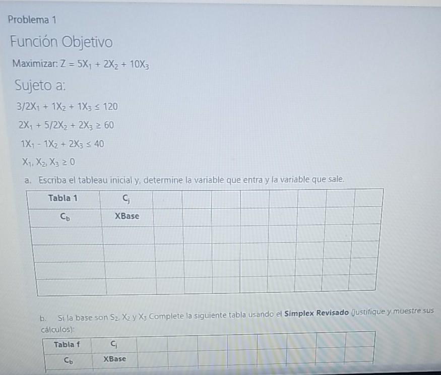 use simplex method Problema 1 Funcin Objetivo