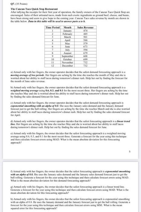 please do on excel Q7. (35 Points) The Cancun