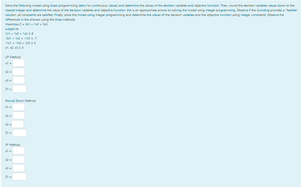Solve the following model using linear