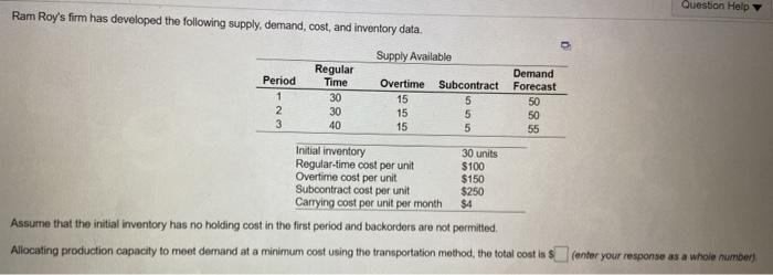 Question Help Ram Roy's firm has developed the
