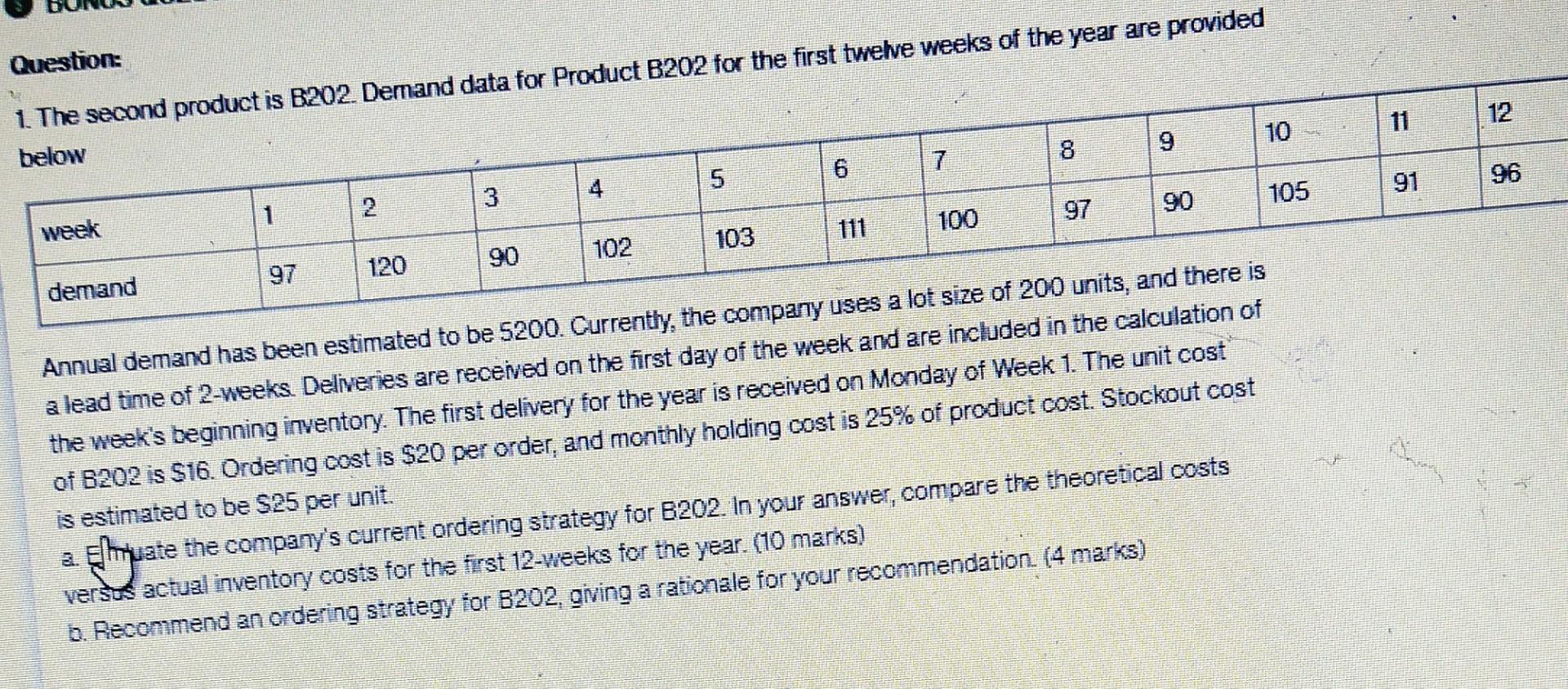 Question: 1. The second product is B202. Demand