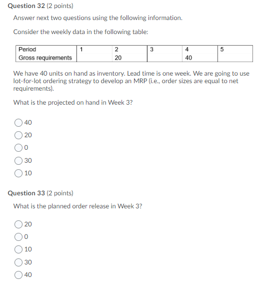 Question 32 (2 points) Answer next two questions