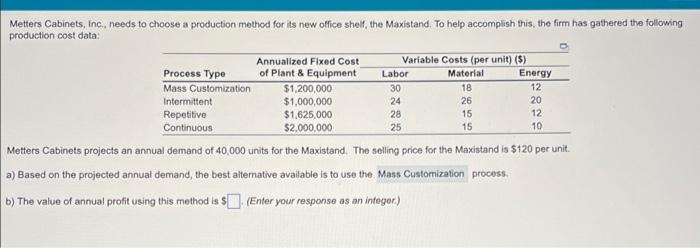 Metters Cabinets, Inc., needs to choose a