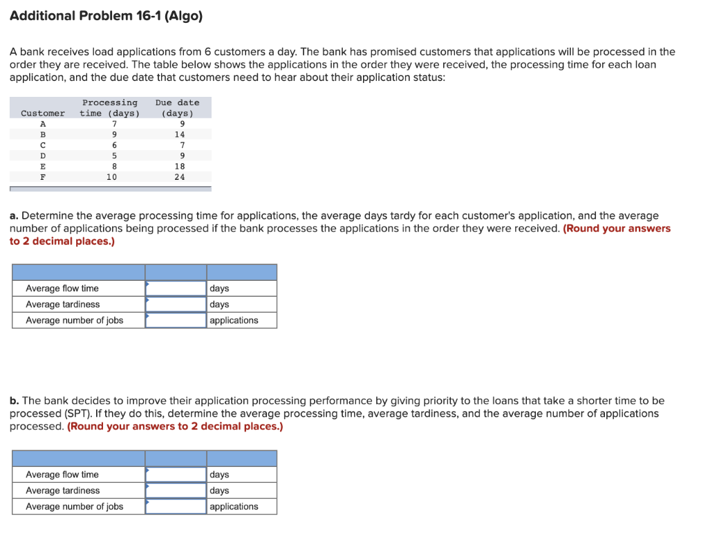 Additional Problem 16-1 (Algo) A bank receives