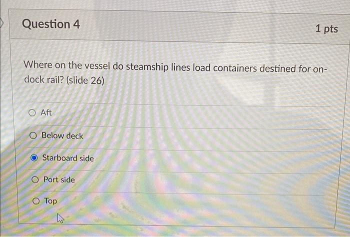 port side is incorrect Question 4 1 pts Where on
